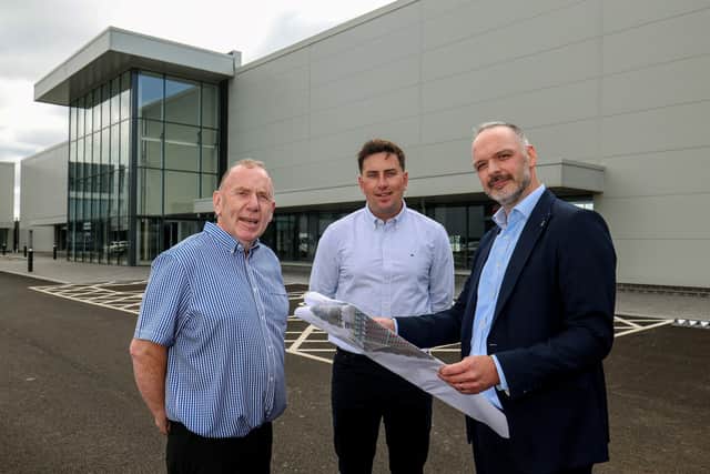 Elm Grange Company, the family-owned construction and development company, is nearing the completion of its first major commercial development with funding support from Bank of Ireland UK. Pictured is John Curran, managing director, Elm Grange Company and Frank Curran, director, Elm Grange Company with Gareth Wilson, business manager, Bank of Ireland