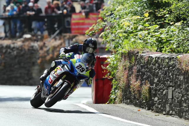 Cork man Mike Browne at Union Mills on the Burrows Engineering/RK Racing Suzuki in the Senior TT this year.