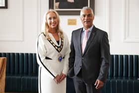 Cat McCusker, new president of the NI Chamber) and with Kailash Chada, the new vice president