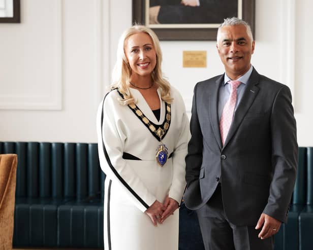 Cat McCusker, new president of the NI Chamber) and with Kailash Chada, the new vice president