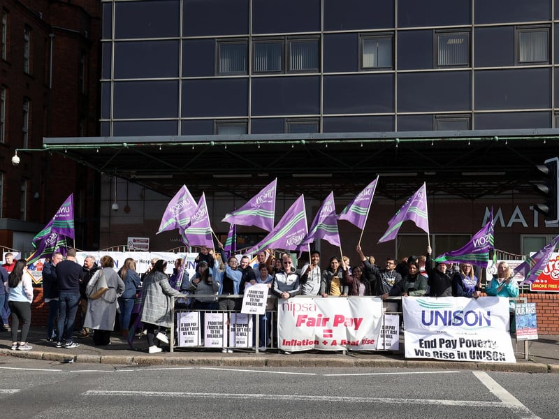 Health workers at the Mater Hospital, Belfast, have went out on strike today as part of the ongoing pay dispute. Photo by Press Eye