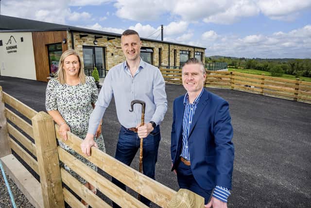 Katie and Jamese McCloy from Glenshane Country Farm and Ciaran Doherty, Head of Regions and Investment at Tourism NI,  officially launch Country Barn at Glenshane Country Farm.