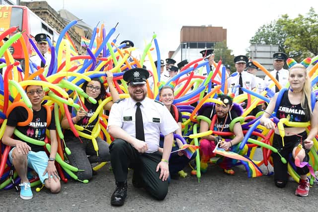 Uniformed PSNI officers in the Belfast Pride parade in 2018. This year the PSNI has banned uniformed officers from taking part.
Picture By: Arthur Allison.