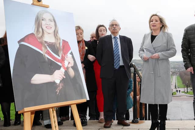 Sinn Fein’s Michelle O’Neill at the vigil for Natalie McNally at Stormont. Picture by Jonathan Porter/PressEye