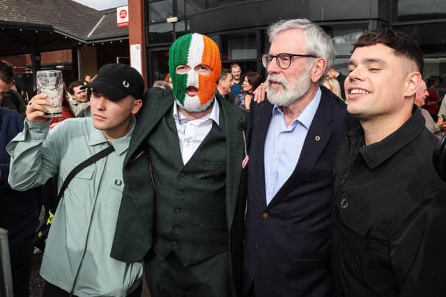 Kneecap pose with Gerry Adams at the premiere of a movie made about and starring the band in August 2024. Photo by William Cherry/Presseye