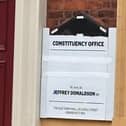 The DUP office in Lisburn has had the names of two of its MLAs and ministers removed, with only Sir Jeffrey Donaldson's name remaining. Photo: Gary Mercer.