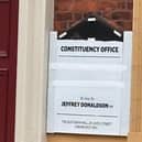 The DUP office in Lisburn has had the names of two of its MLAs and ministers removed, with only Sir Jeffrey Donaldson's name remaining. Photo: Gary Mercer.