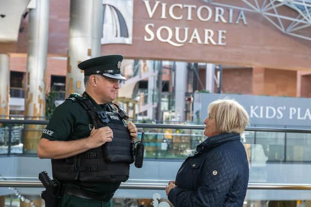 Chief Superintendent Darrin Jones with Geraldine Duggan, City Centre Manager, Belfast City Centre Management Company. The police will have high-visibility patrols in town and city centres across Northern Ireland as part of a week of action to reduce business crime