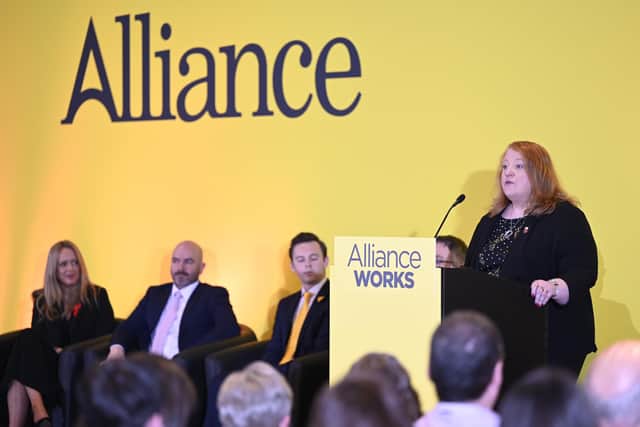 Naomi Long speaking during their party annual conference at the Stormont Hotel in Belfast. Picture date: Saturday March 4, 2023.