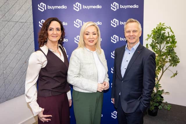 Chair Gheel, sales and operations director, NI, Eir Business, First Minister, Michelle O'Neill and Fergal O'Connor, CEO and founder of Buymedia