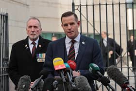 Leading organiser from the Northern Ireland Veterans Movement, Paul Young (left) and Northern Ireland Veterans Commissioner, David Johnstone, speak to the media outside Belfast Crown Court where former paratrooper known as Soldier F has been found not guilty of committing two murders and five attempted murders on Bloody Sunday in Londonderry in 1972. Soldier F, who cannot be identified, was accused of murdering James Wray and William McKinney when members of the Parachute Regiment shot dead 13 civil rights protesters on the streets of Londonderry on January 30 1972