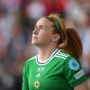 SOUTHAMPTON, ENGLAND - JULY 15: Rachel Furness of Northern Ireland walks out prior to the UEFA Women's Euro England 2022 group A match between Northern Ireland and England at St Mary's Stadium on July 15, 2022 in Southampton, England. (Photo by Harriet Lander/Getty Images)