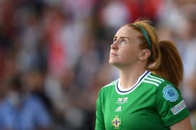 SOUTHAMPTON, ENGLAND - JULY 15: Rachel Furness of Northern Ireland walks out prior to the UEFA Women's Euro England 2022 group A match between Northern Ireland and England at St Mary's Stadium on July 15, 2022 in Southampton, England. (Photo by Harriet Lander/Getty Images)