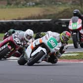 Adam McLean (J McC Roofing Racing Kawasaki) leads Korie McGreevy (McAdoo Racing Kawasaki) and Christian Elkin (RB Engineering Kawsaki) during the Supertwins race at Bishopscourt on Saturday. Picture: Rod Neill/Pacemaker Press