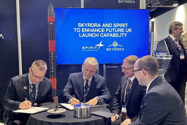 Belfast's Spirit AeroSystems in the Harbour Estate will collaborate with launch-vehicle manufacturer Skyrora on orbital launch capability. The companies celebrated the announcement on the conference’s opening day in Belfast, home to Spirit’s largest UK manufacturing facility. Pictured are Volodymyr Levykin, founder and chief executive of Skyrora, Nick Laird, managing director, European Space & Defence, Spirit AeroSystems, David Morris MP, National Space Champion and Matt Archer, director of launch at UK Space Agency