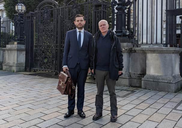 Pictured outside the Court of Appeal today. Alan McLaughlin on the right, alongside his solicitor Michael Madden.