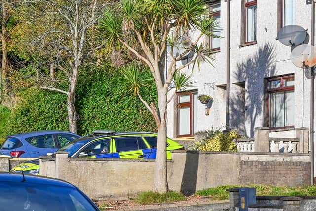PSNI officers pictured at the  scene of a home in the Antiville area of Larne after a sudden death  was reported on Thursday around lunchtime.
Photo: Presseye
