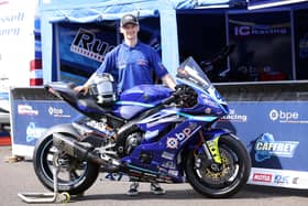 Richard Cooper with the BPE by Russell Racing Yamaha R6 in the North West 200 paddock in Portrush