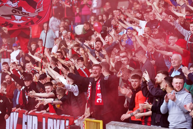 Crusaders fans set the atmosphere at Windsor Park ahead of the Irish Cup final against Ballymena United