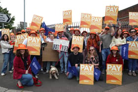 Resident doctors on the picket line outside Royal Victoria Hospital in Belfast as they take part in a 24-hour walkout over pay. Photo date: Monday June 29, 2026. (PA Photo)
