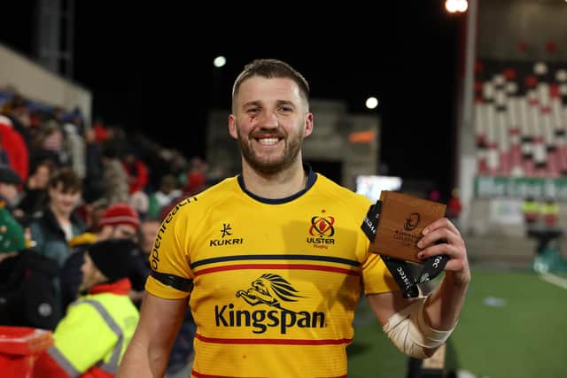 Ulster's Stuart McCloskey with his player of the match medal after the Investec Champions Cup match at Kingspan Stadium, Belfast. PIC: Liam McBurney/PA Wire