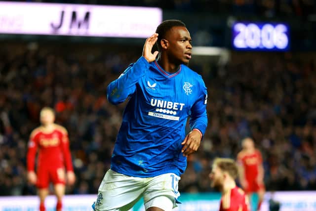 Rangers' Rabbi Matondo celebrates scoring his side's first goal in a 2-1 victory over Aberdeen at Ibrox