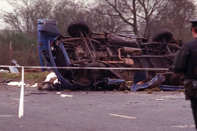 PACEMAKER BELFAST 13/03/98 Remains of the van in which 7 workmen were killed in an IRA landmine explosion 18/01/92.