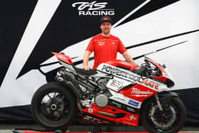 Alastair Seeley pictured with the Powermate Tools/Milwaukee Ducati V2 machine he will race in the Supersport races at the North West 200