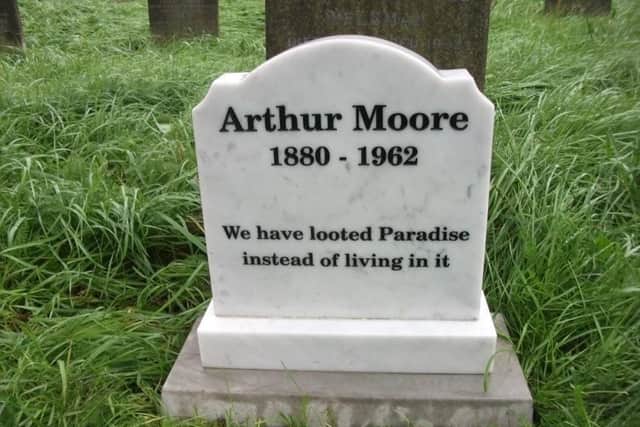 The headstone in North Sheen cemetery in England for Arthur Moore, the Glenavy-born journalist who issued the first honest report on the Great War. The grave of Moore, who died in 1962, was initially unmarked