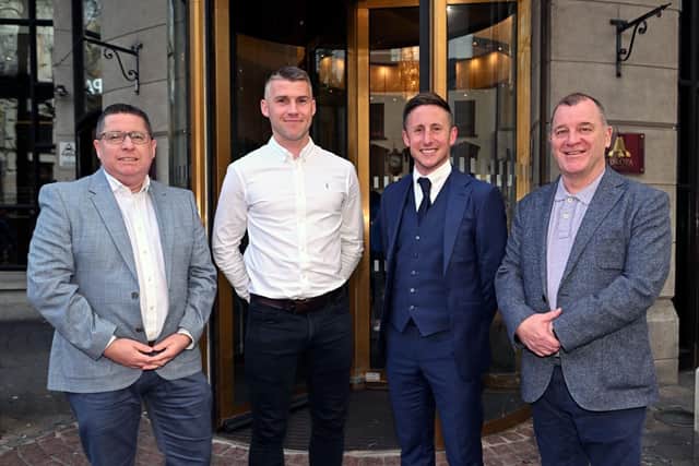 Gerard Lawlor (NIFL CEO), Stephen Lowry (PFA NI committee member), Michael Carvill (PFA NI committee member) and Patrick Nelson (IFA Chief Executive) pictured at the launch of the PFA NI