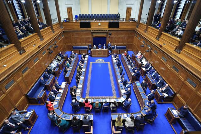 The chamber of the Northern Ireland Assembly in Parliament Buildings, Stormont, as Northern Ireland's MLAs elected a first minister and deputy first minister for the first time in two years