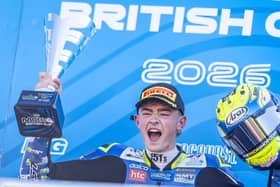 Dungannon's Jack Burrows celebrates winning Saturday's British Moto4 race at Donington Park. (Photo by Michael Wincott)