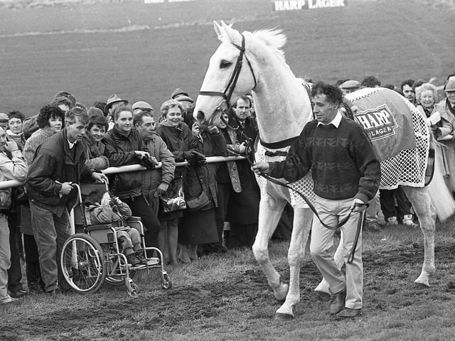Pictured at the Harp National in Downpatrick in February 1992 is the legendary Desert Orchid who put in a guest appearance the races. The News Letter reported that he “strutted, proud and tall, around the race track to loud and eager applause, looking every bit the champion”. Fans had turned out to get a close look at the grey who had retired from racing two years previously. Picture: News Letter archives