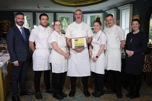 Pictured at the announcement that the 5-star Culloden Estate & Spa’s flagship restaurant, Vespers, has been awarded the prestigious Two AA Rosettes, recognising the outstanding quality, creativity and consistency of its dining experience are Cormac Fadden, general manager Ross McAllister, executive sous chef Larrissa Young, chef de partie, Mark Begley, executive head chef, Grace Dugan, junior sous chef, Oliver Burns, head chef Vespers and Robyn Cole, Vespers restaurant manager