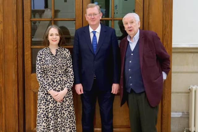 Lord Caine, Parliamentary Under-Secretary of State for Northern Ireland (centre), with co-chairs of the independent advisory panel, Lord Bew and Dr Caoimhe Nic Dhaibheid. A group of independent historians are to write a "public history" of Northern Ireland's troubled past