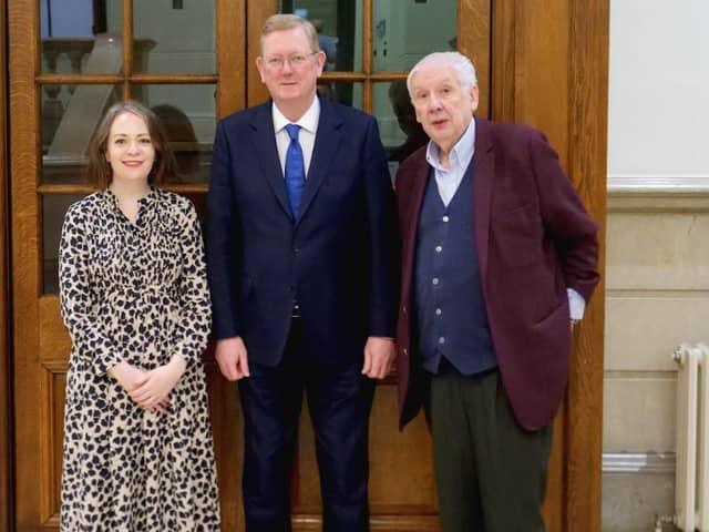 Lord Caine, Parliamentary Under-Secretary of State for Northern Ireland (centre), with co-chairs of the independent advisory panel, Lord Bew and Dr Caoimhe Nic Dhaibheid. A group of independent historians are to write a "public history" of Northern Ireland's troubled past