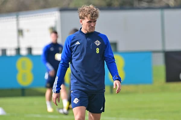 Cameron McGeehan during training at The Dub in Belfast ahead of N Ireland’s UEFA Euro 2024 Qualifier fixtures against San Marino and Finland. PIC: Colm Lenaghan/Pacemaker