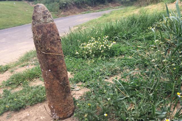 An unexploded British shrapnel artillery shell with its time-fuse still intact found by the research team