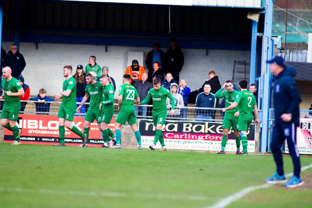 Newington celebrate after Ruaidhri Donnelly puts them back on level terms against Newry City. PIC: Noel Moan/Pacemaker
