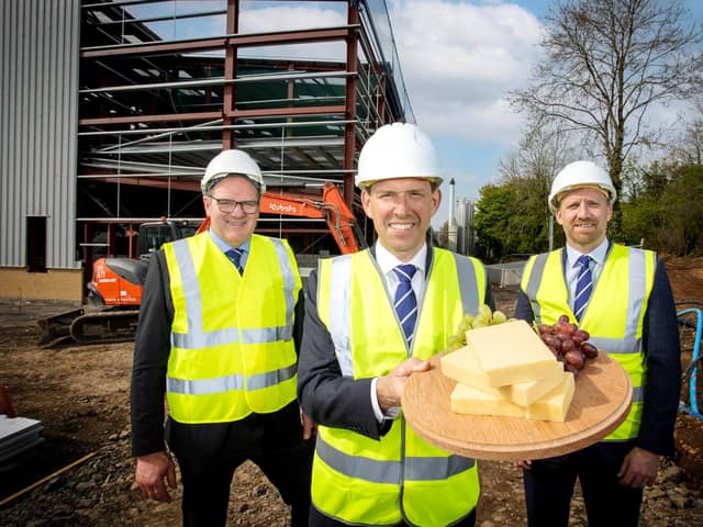 Northern Ireland dairy cooperative Dale Farm is investing £70million in its cheddar processing facility at Dunmanbridge, Co. Tyrone. Pictured are Dale Farm's Fred Allen, chair Nick Whelan, group chief executive and Chris McAlinden, group operations director