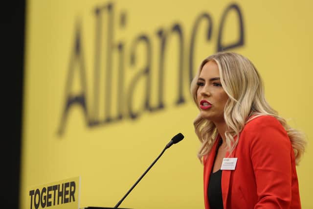PressEye - Belfast - Northern Ireland - 5th March 2022

The Alliance Party conference takes place in the Crowne Plaza Hotel. 

Cllr. Patricia O'Lynn, North Antrim candidate, addresses the conference.

Picture by Philip Magowan / PressEye