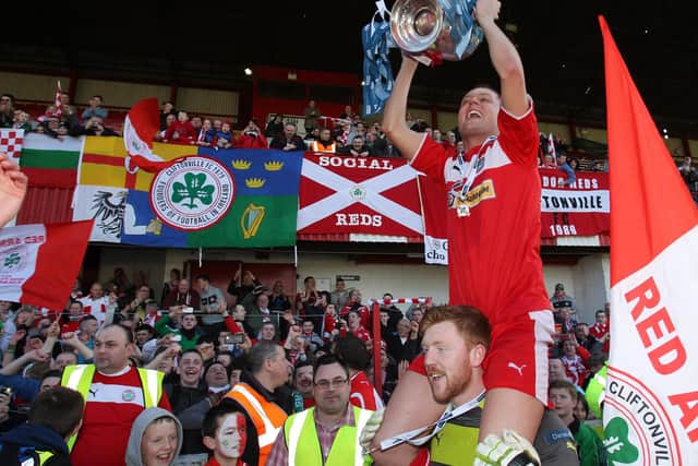 Ciaran Caldwell celebrates winning the Gibson Cup with Cliftonville. Credit: Darren Kidd/Presseye.com