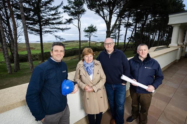 Northern Ireland’s newest five-star hotel, Dunluce Lodge has marked a major milestone as it counts down towards its grand opening in February after contractors officially handed over the luxury property. Pictured is Stephen Meldrum, general manager, Dunluce Lodge, David Hamilton, managing director, Martin & Hamilton Construction, Wilma Erskine Director and Brand Ambassador at Dunluce Lodge and Dominic McTague Commercial Director, Martin & Hamilton Construction