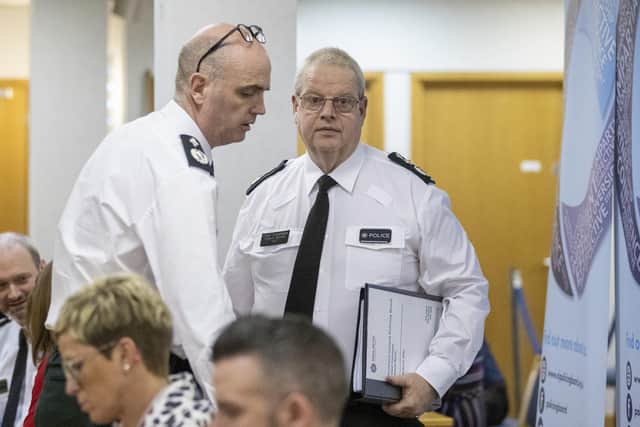 Deputy Chief Constable Mark Hamilton (left) and Police Service of Northern Ireland (PSNI) Chief Constable Simon Byrne during the Northern Ireland Policing Board meeting at Clarendon Road in Belfast. Picture date: Thursday March 2, 2023.
