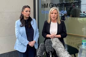 Deputy First Minister Emma Little-Pengelly (left) and First Minister Michelle O'Neill speaking to the media outside the Northern Ireland Office in Belfast after a meeting with Northern Ireland Secretary Chris Heaton-Harris. Picture date: Thursday April 18, 2024.