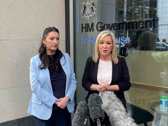 Deputy First Minister Emma Little-Pengelly (left) and First Minister Michelle O'Neill speaking to the media outside the Northern Ireland Office in Belfast after a meeting with Northern Ireland Secretary Chris Heaton-Harris. Picture date: Thursday April 18, 2024.