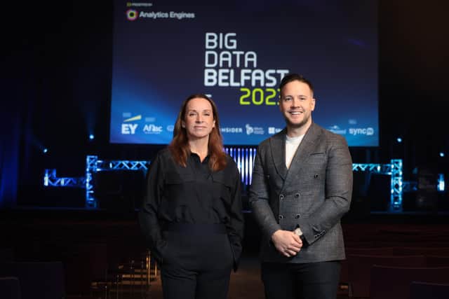 Now in its ninth year, Big Data Belfast, presented by Analytics Engines and supported by headline sponsor EY, took place at the ICC Belfast, bringing together more than 700 delegates from the Northern Ireland technology sector. Pictured are Dr Aislinn Rice from Analytics Engines and Gareth Kelly from EY launch Big Data Belfast 2023