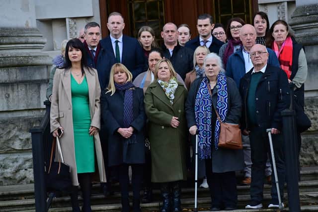 Families of victims speak to media outside the High Court in Belfast at the start of the legal challenge to the Legacy Act on Tuesday. Pic Colm Lenaghan/Pacemaker