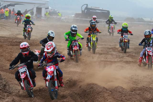 Londonderry’s Jake Sayers (660) pictured leading Archie Lavery (94) and the pack in the Auto class at the opening rounds of the Beyond Signage MX Youth Masters Championship at Magilligan MX Park. Sayers was unbeaten over the two days of racing