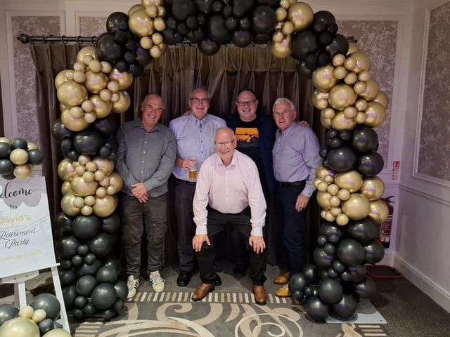 David Lyons pictured with Kieran Hegarty, President of Terex Materials Processing, Paul O’Donnell, former general manager of Terex Omagh, Hubert Watson, MD of Finlay in 1990s, and Malachy Holland, former Finlay Distributor for Ireland